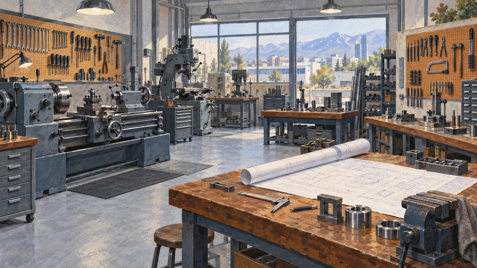 An industrial documentary interior of a small manufacturing and precision fabrication workshop in a commercial district outside Tirana.