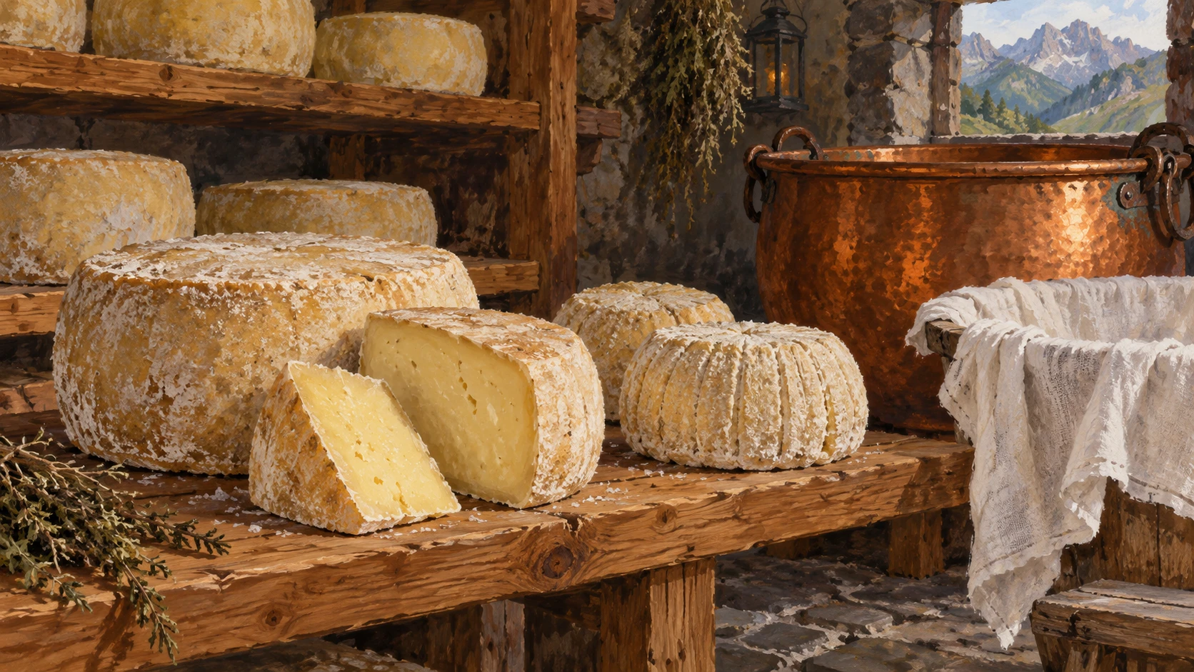 Artisanal still life of traditional Albanian mountain sheep milk cheese aging on pine racks.