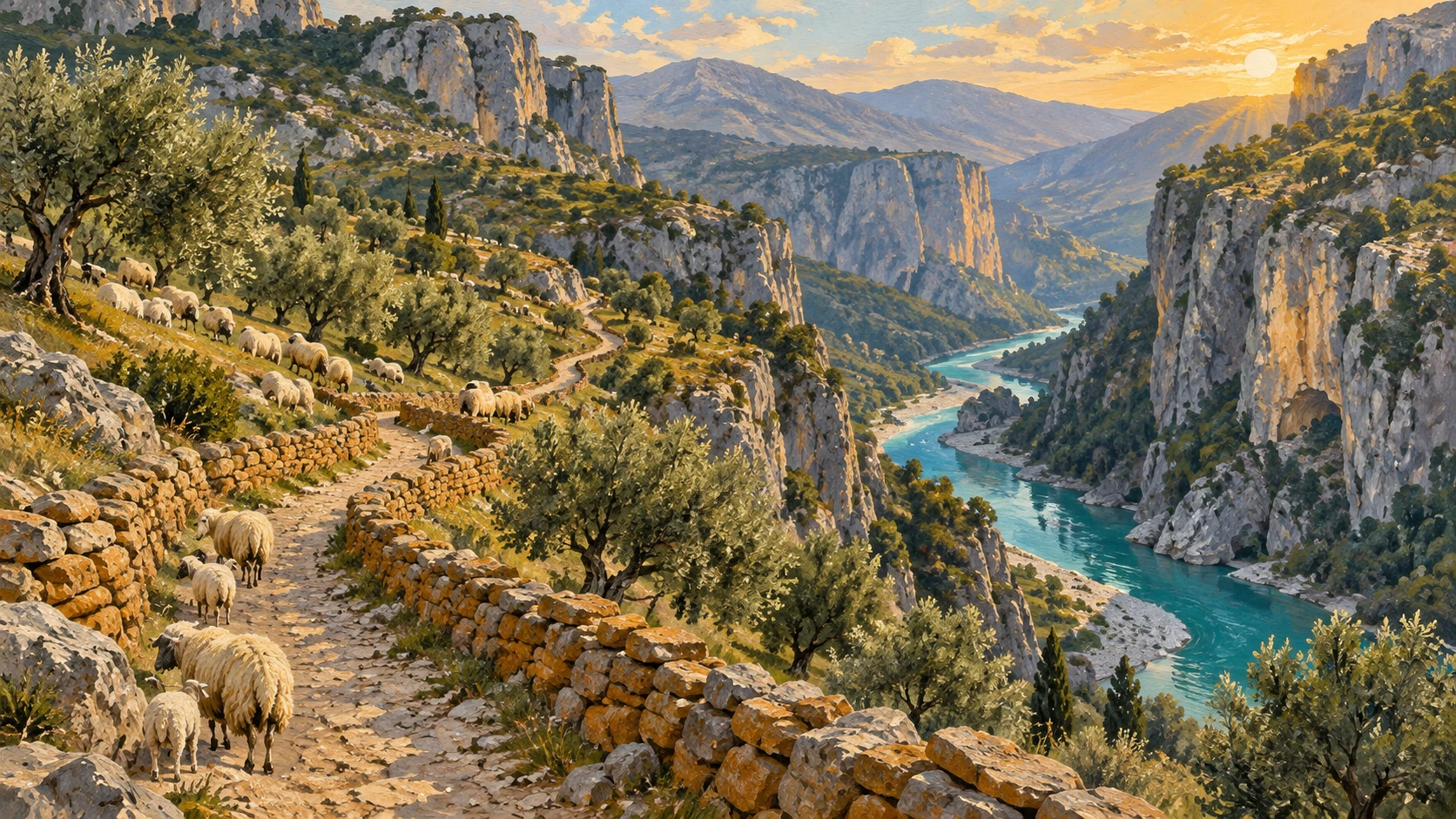Documentary vista of an ancient pastoral droving path winding through a river gorge.