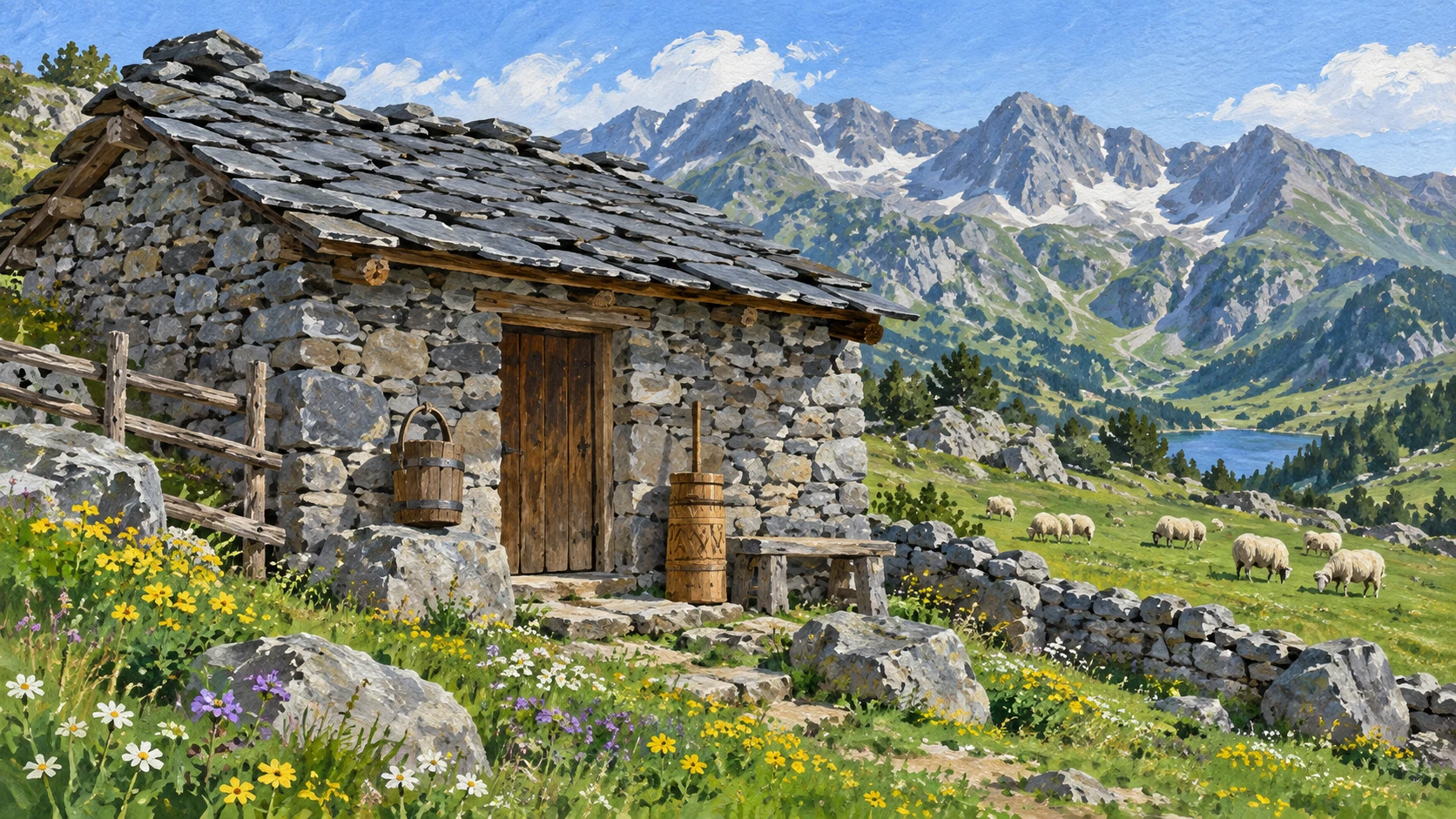 Traditional stone shepherd hut in high Albanian mountain pasture.
