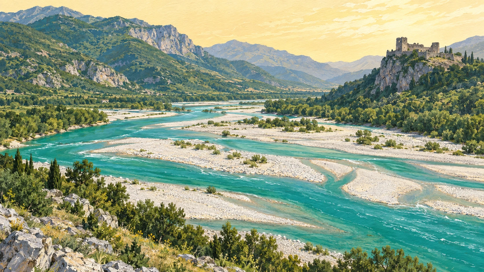 An expansive documentary landscape photograph of the wild Vjosa River valley near Tepelene in southern Albania.