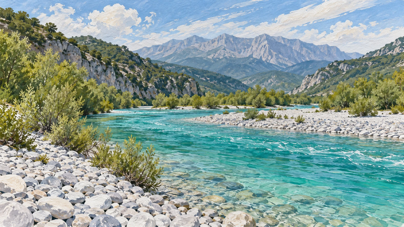 A scientific documentary landscape photograph along a wide gravel braided stretch of the Vjosa River near Tepelene.