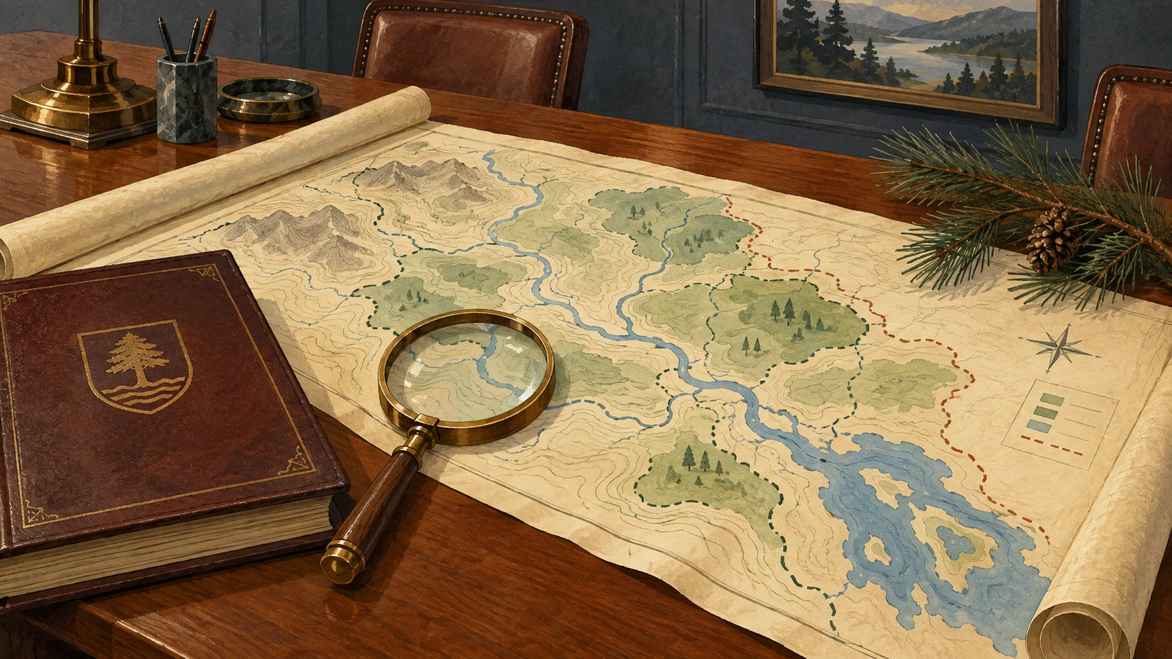 A detailed technical cartographic survey sheet of the Vjosa Wild River National Park boundary corridor laid out on an agency drafting table.