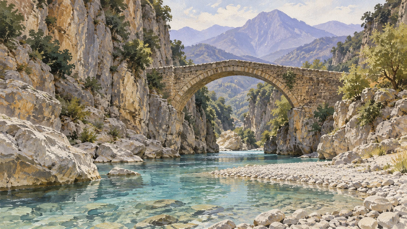 A natural landscape documentary view of the Benje thermal river gorge and historic stone arch bridge near Permet.