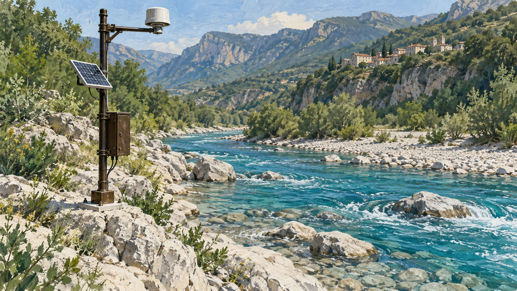 An archival and scientific documentary landscape view of a small hydrometric river monitoring station on the stone riverbank.