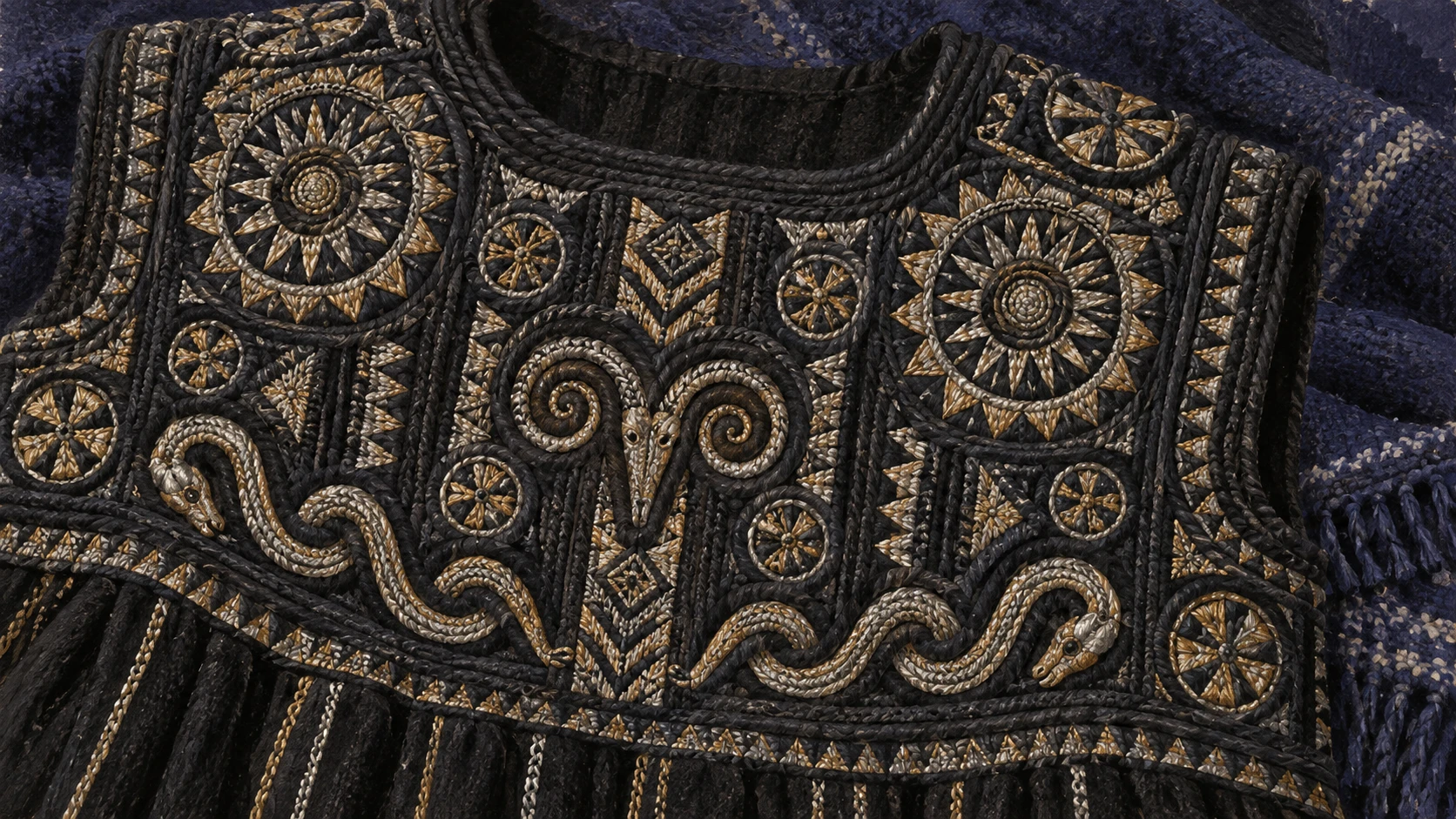 Artisanal documentary still life close-up of the intricately embroidered bodice panel.