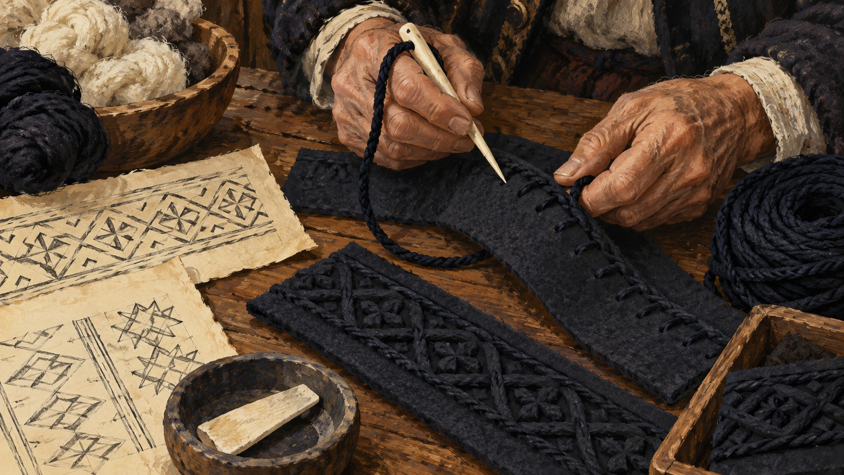 Artisanal documentary close-up of traditional felt stitching and cord craft.