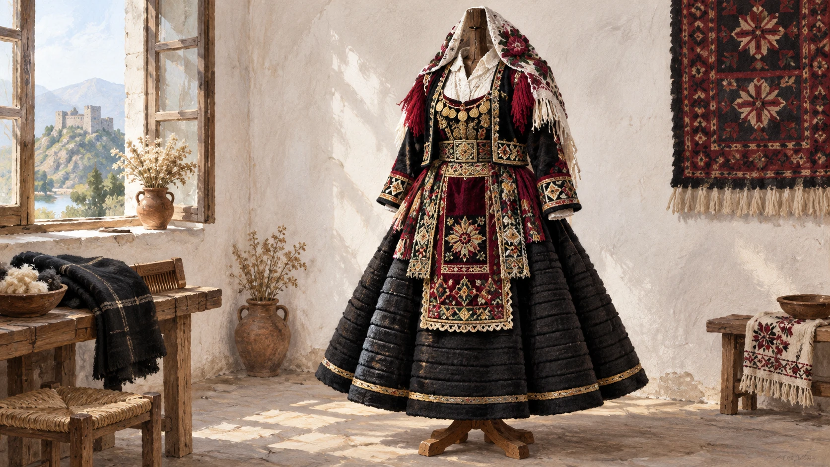 Artisanal documentary studio portrait of an authentic traditional northern Albanian xhubleta.