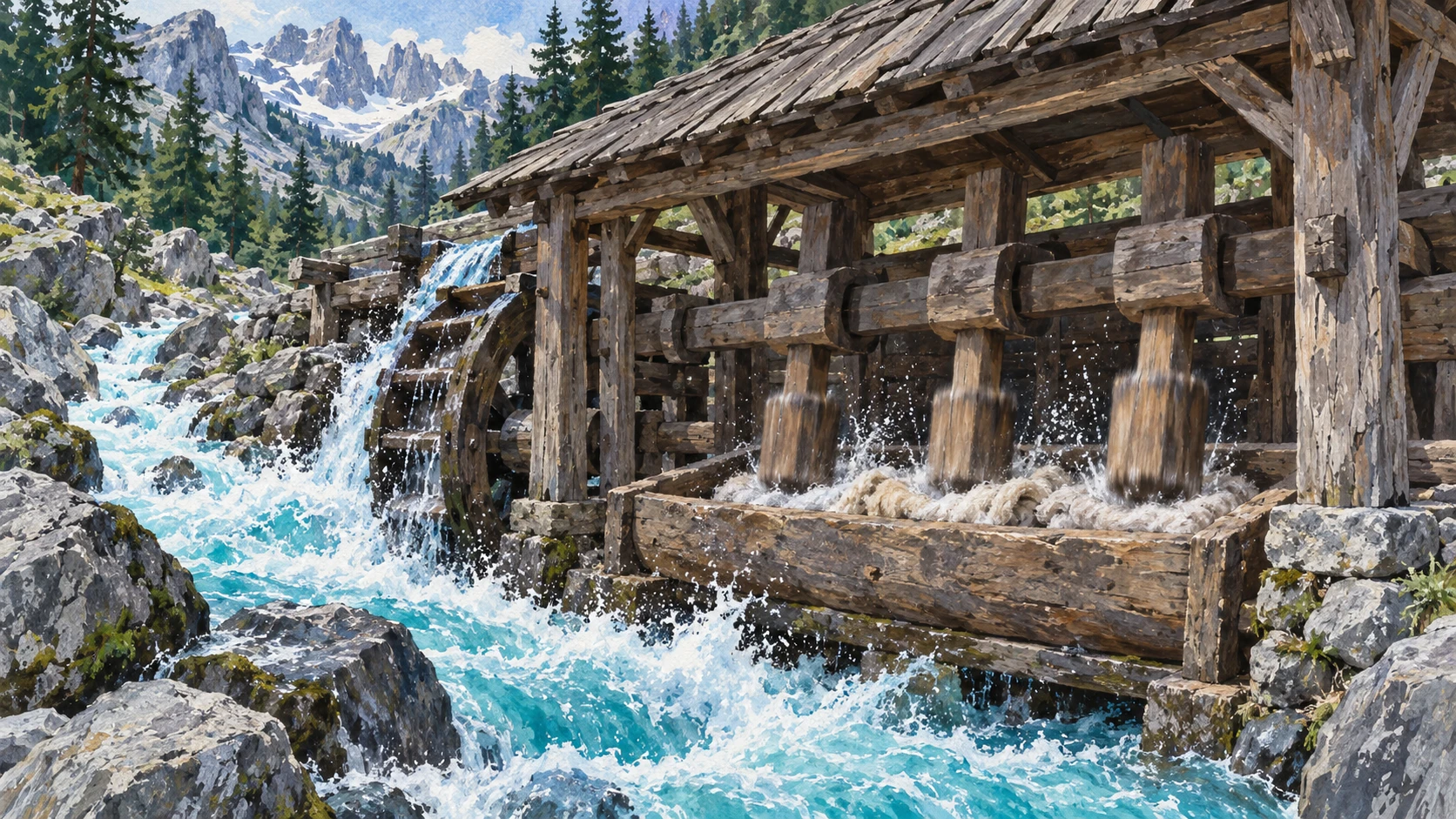 Architectural documentary view of a traditional wooden mountain water fulling mill valanica.