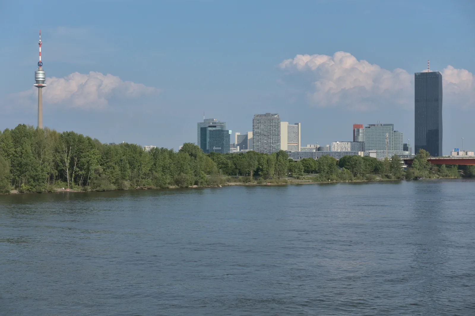 Modern skyscrapers and high-rise commercial buildings of Donau City along the Danube river in Vienna.