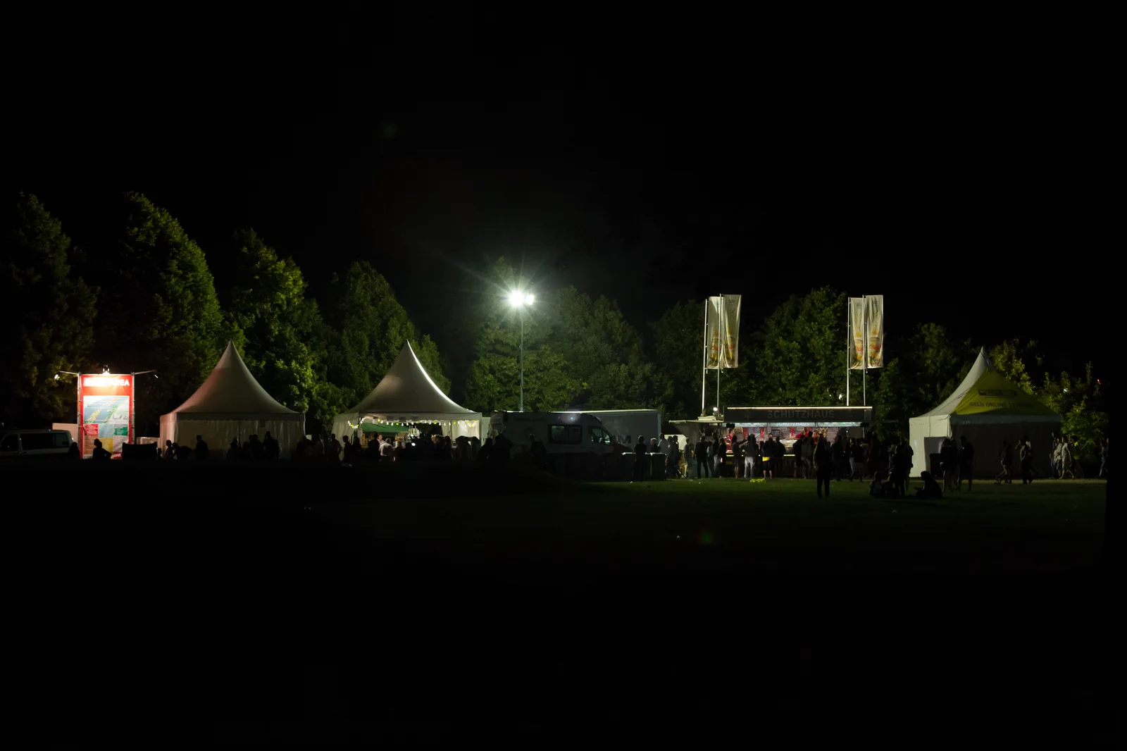 Festival visitors strolling past music stages and vendor tents along the green meadows of Danube Island.
