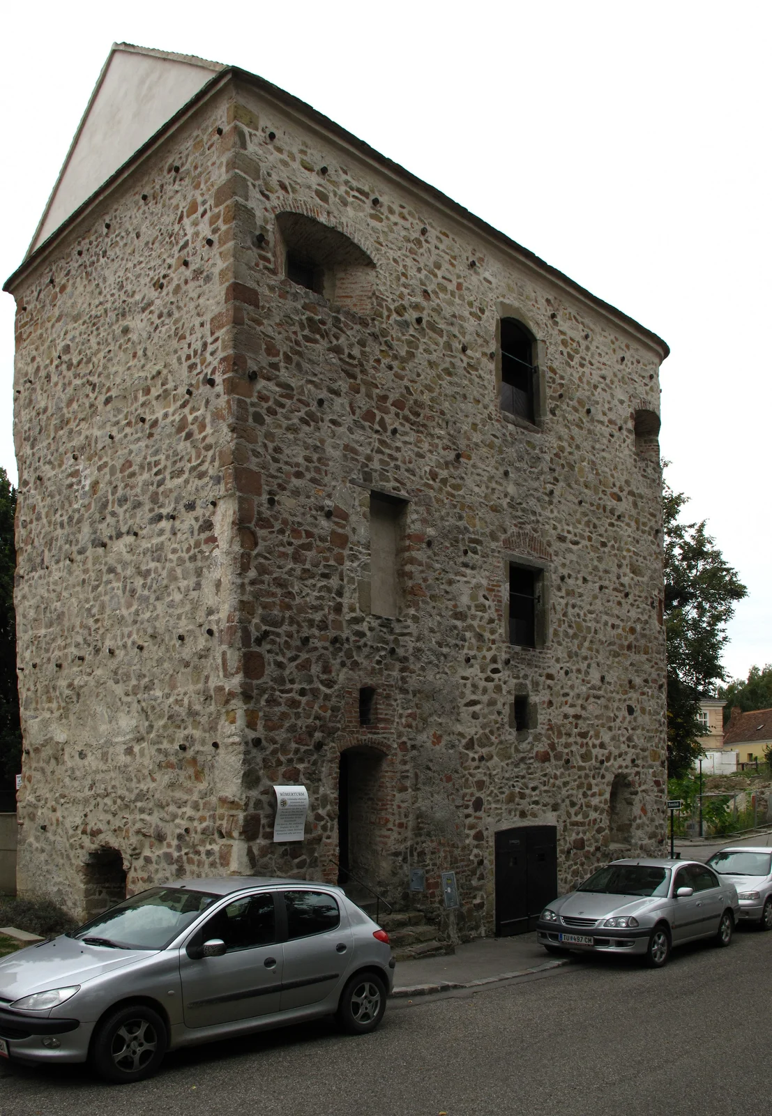 Intact ancient Roman stone and brick fortification tower in the historic town of Tulln an der Donau.
