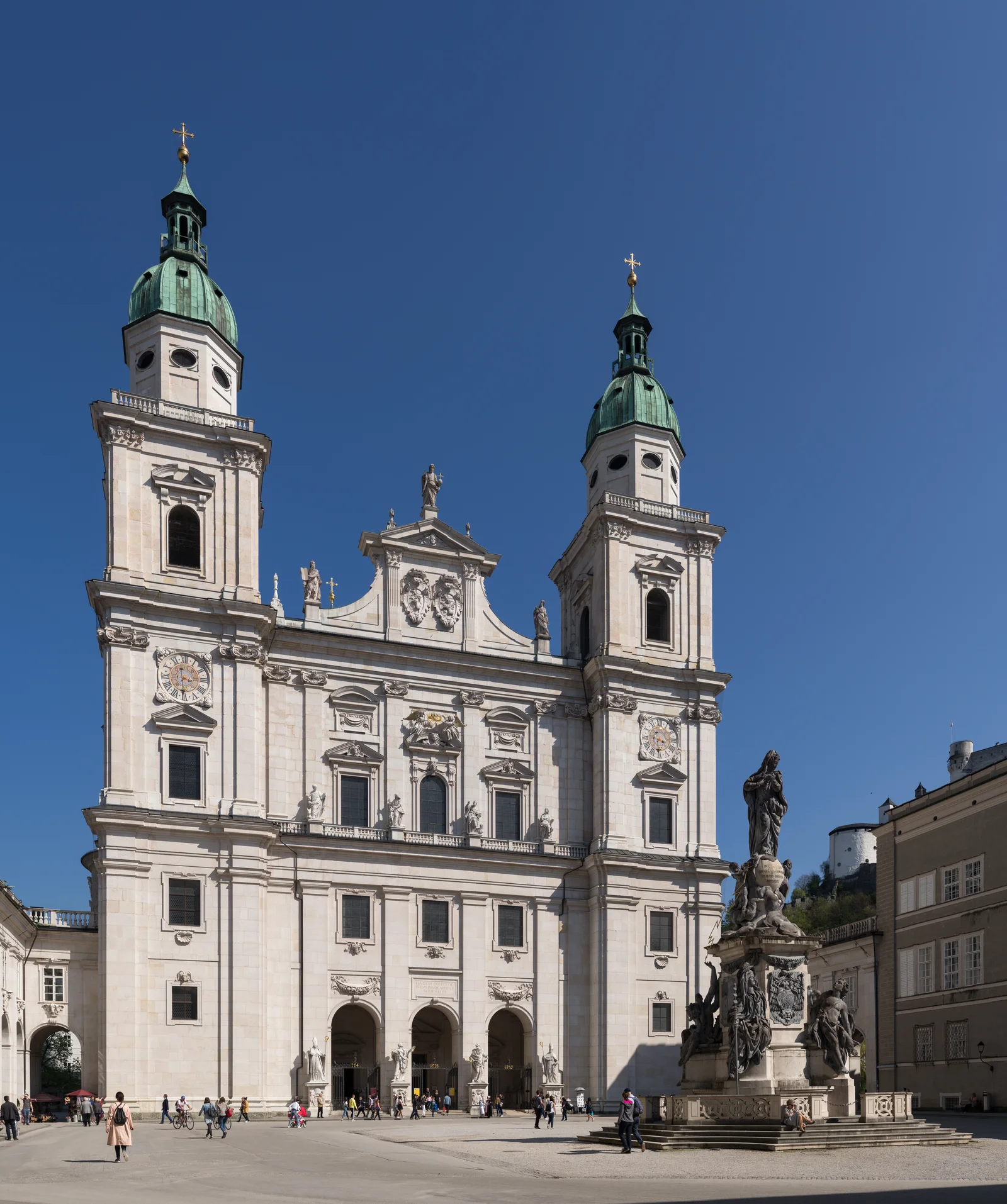 Magnificent light marble facade and twin towers of Salzburg Cathedral.