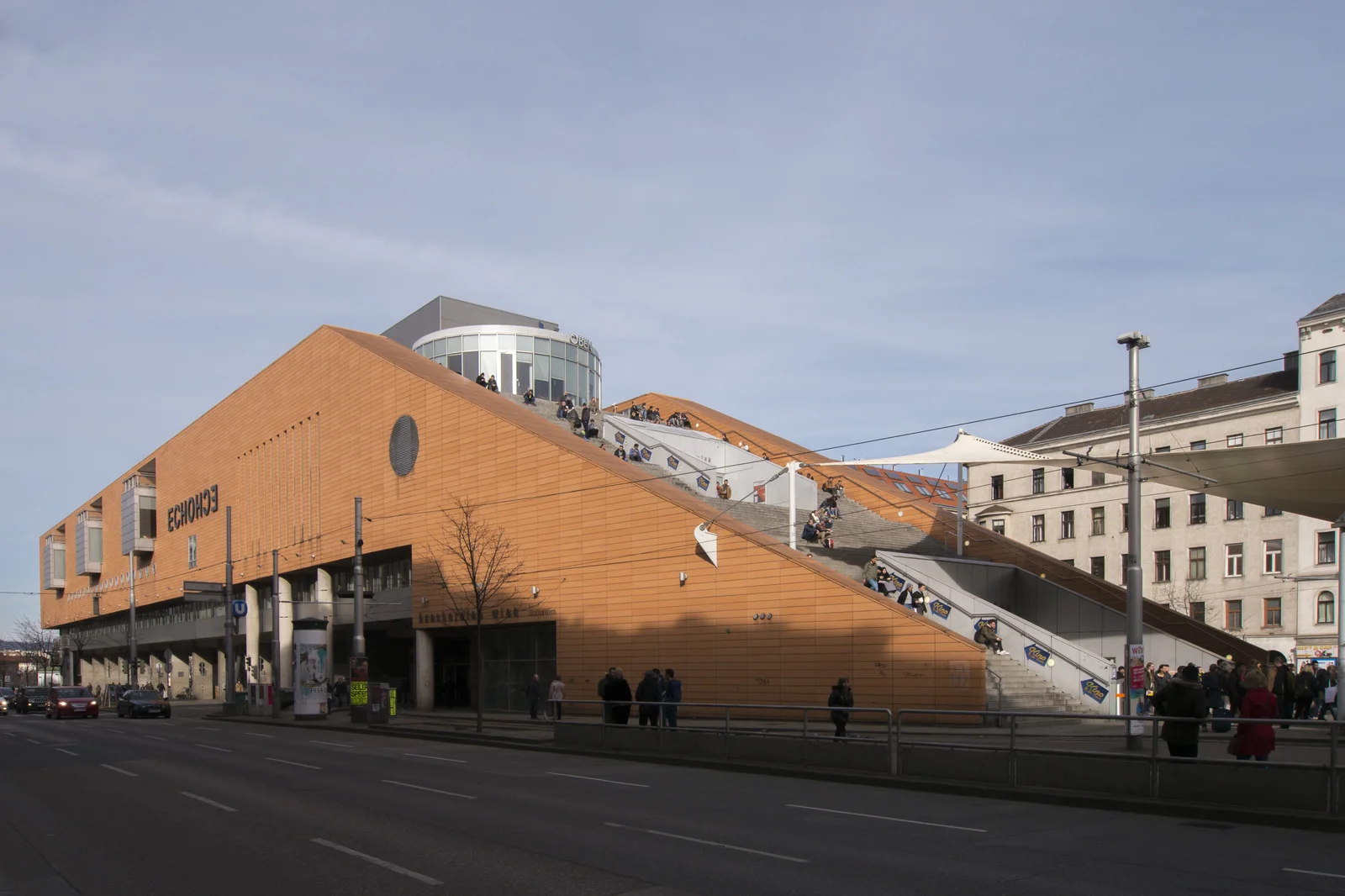 Modernist architectural exterior of Vienna's Main Library rising above the Urban-Loritz-Platz plaza.