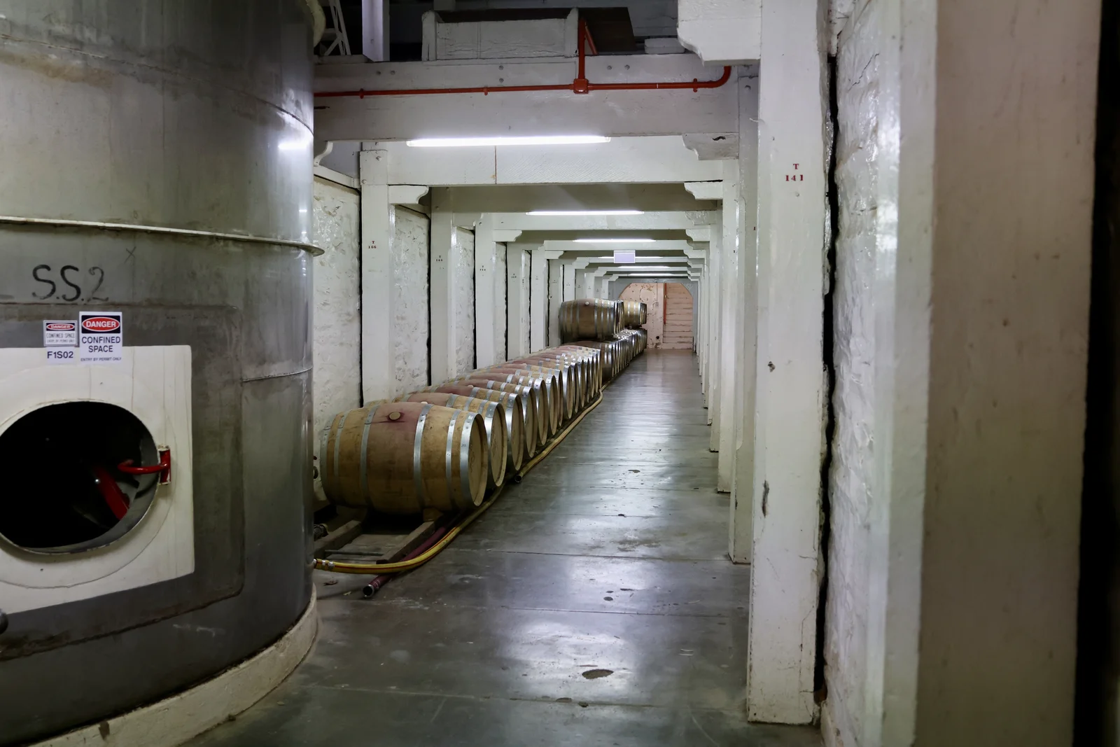 Historic stone winery buildings and palm trees in South Australia's wine country.