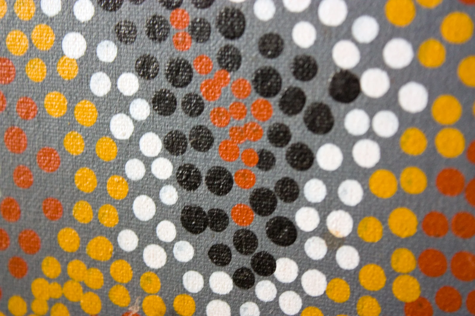 Detailed close-up of Aboriginal dot painting showing individual raised dots of yellow, red, and white paint.