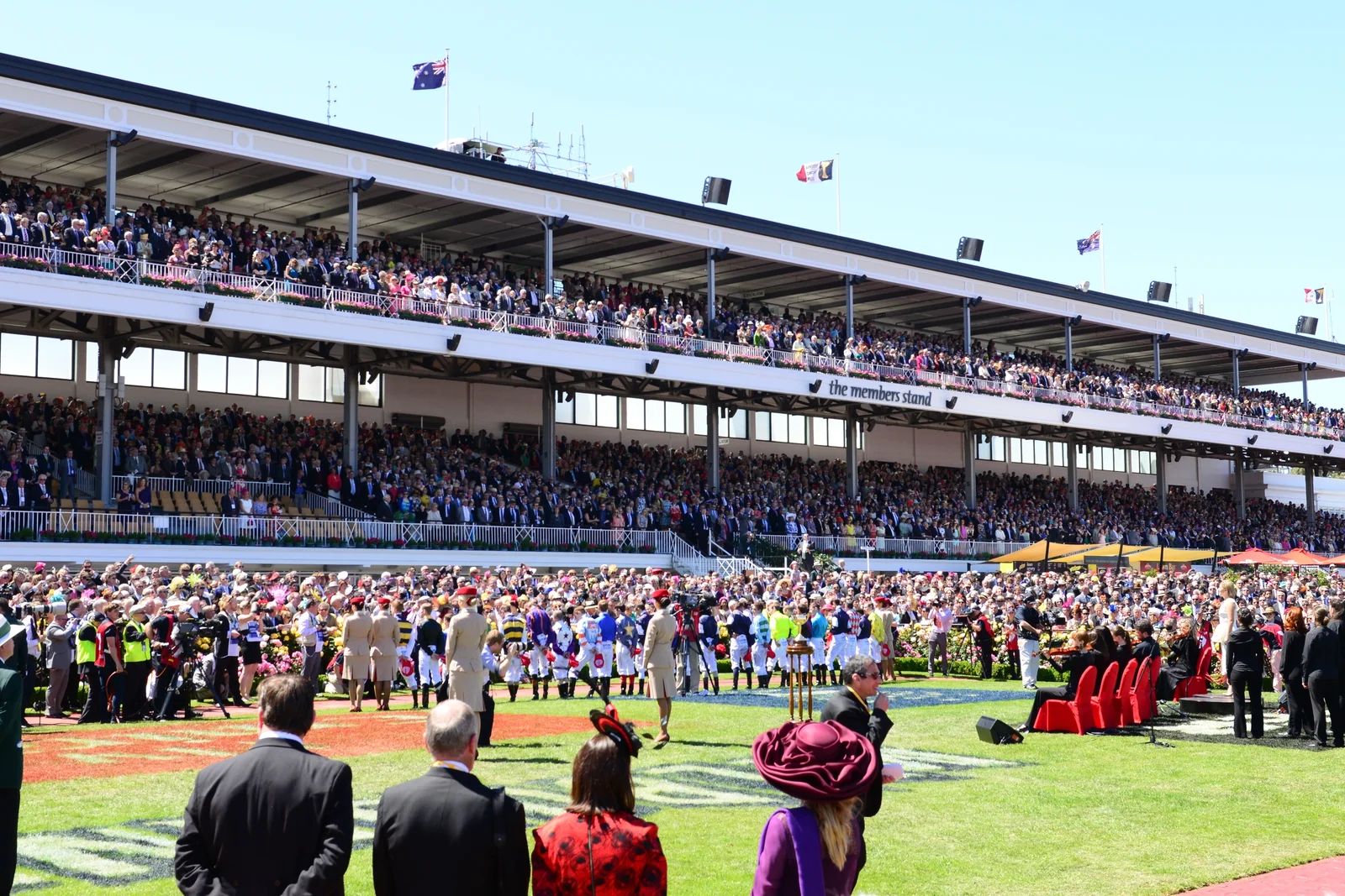 Crowds filling the expansive tiered Members Stand at Flemington Racecourse on Cup Day.