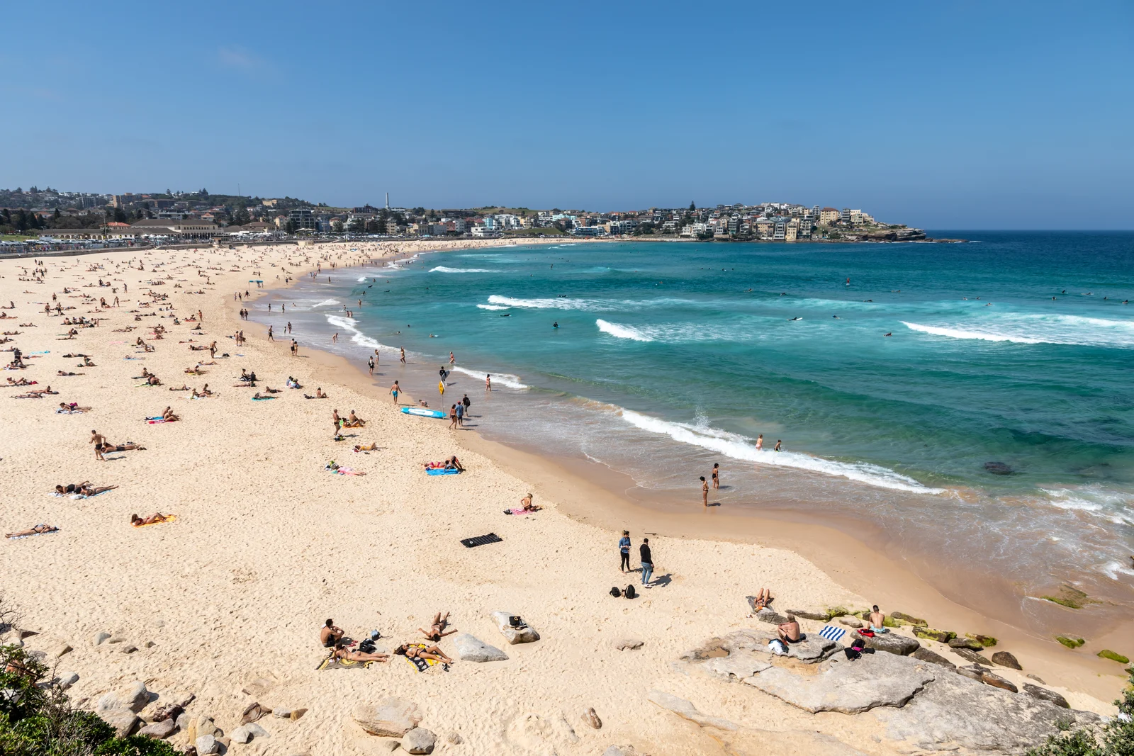 Panoramic view of Bondi Beach with golden sand and blue ocean surf in Sydney.