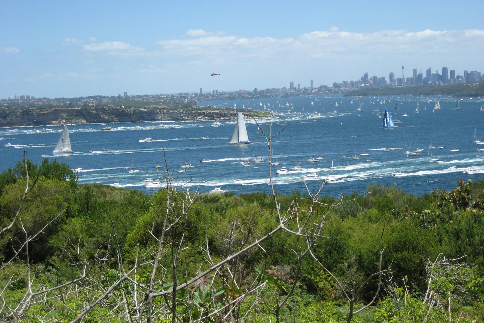 Maxi racing yachts sailing through the Sydney Heads ocean passage.