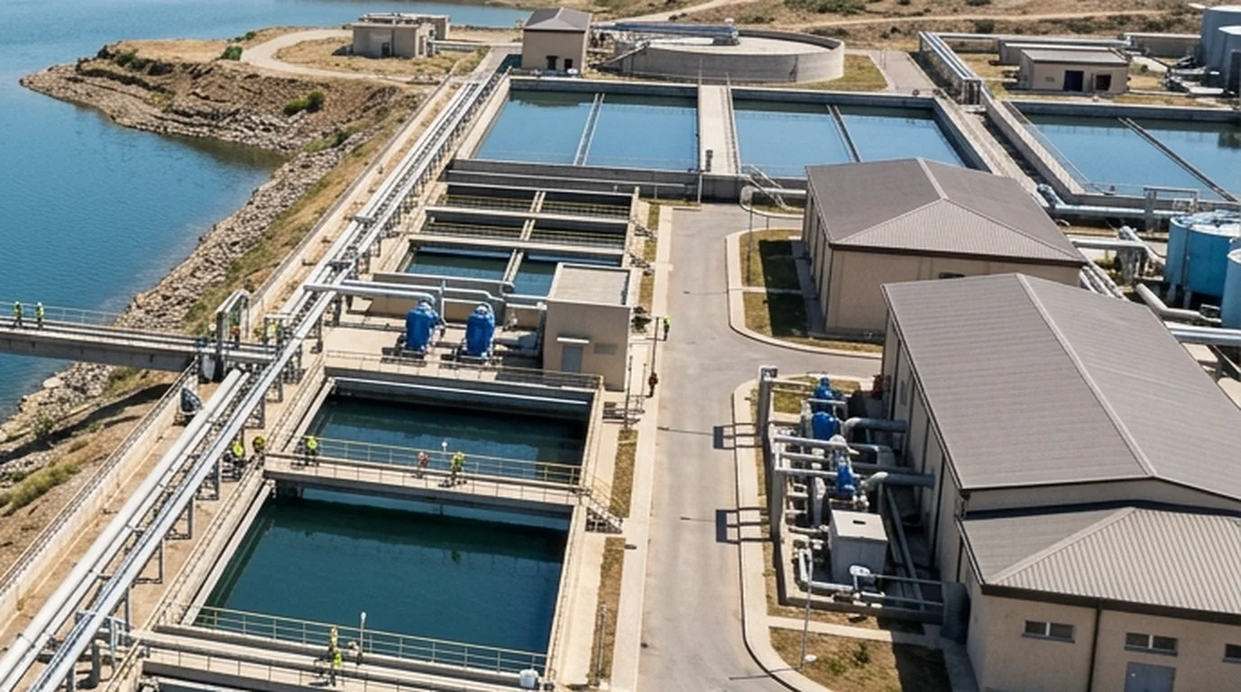 Water treatment filtration basins and industrial pump houses operating under summer sunshine on the Absheron Peninsula.