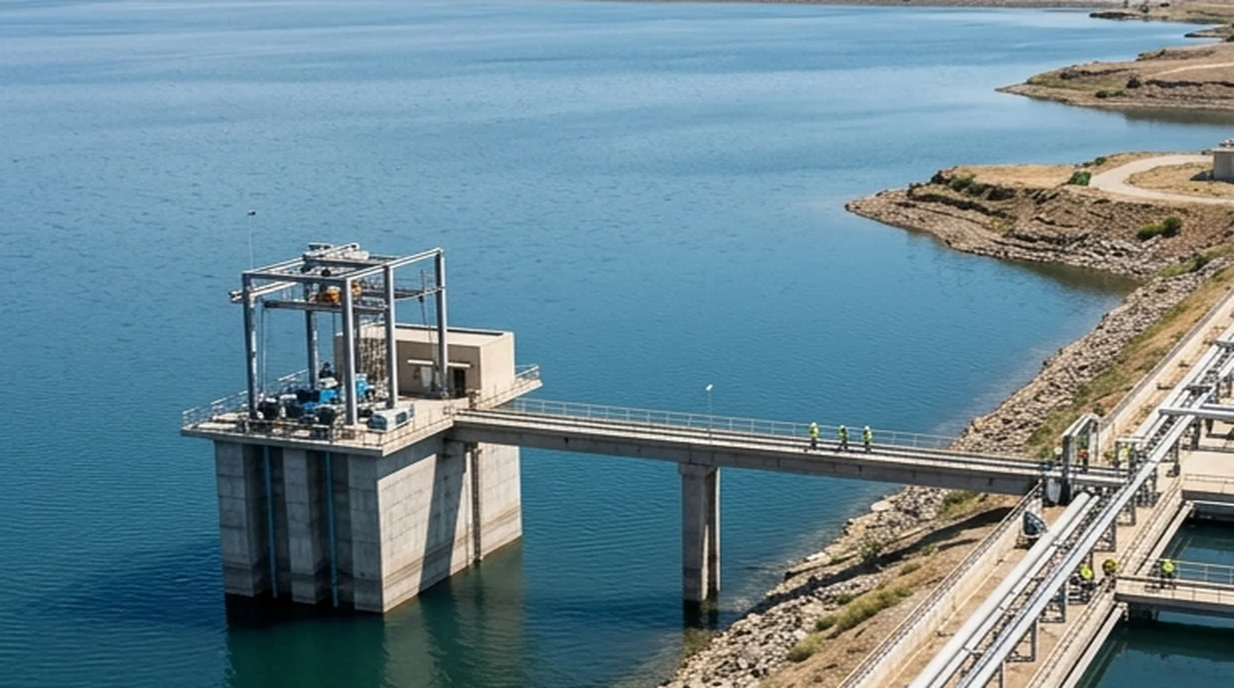 Concrete water intake tower and elevated bridge situated within the blue waters of an artificial reservoir.