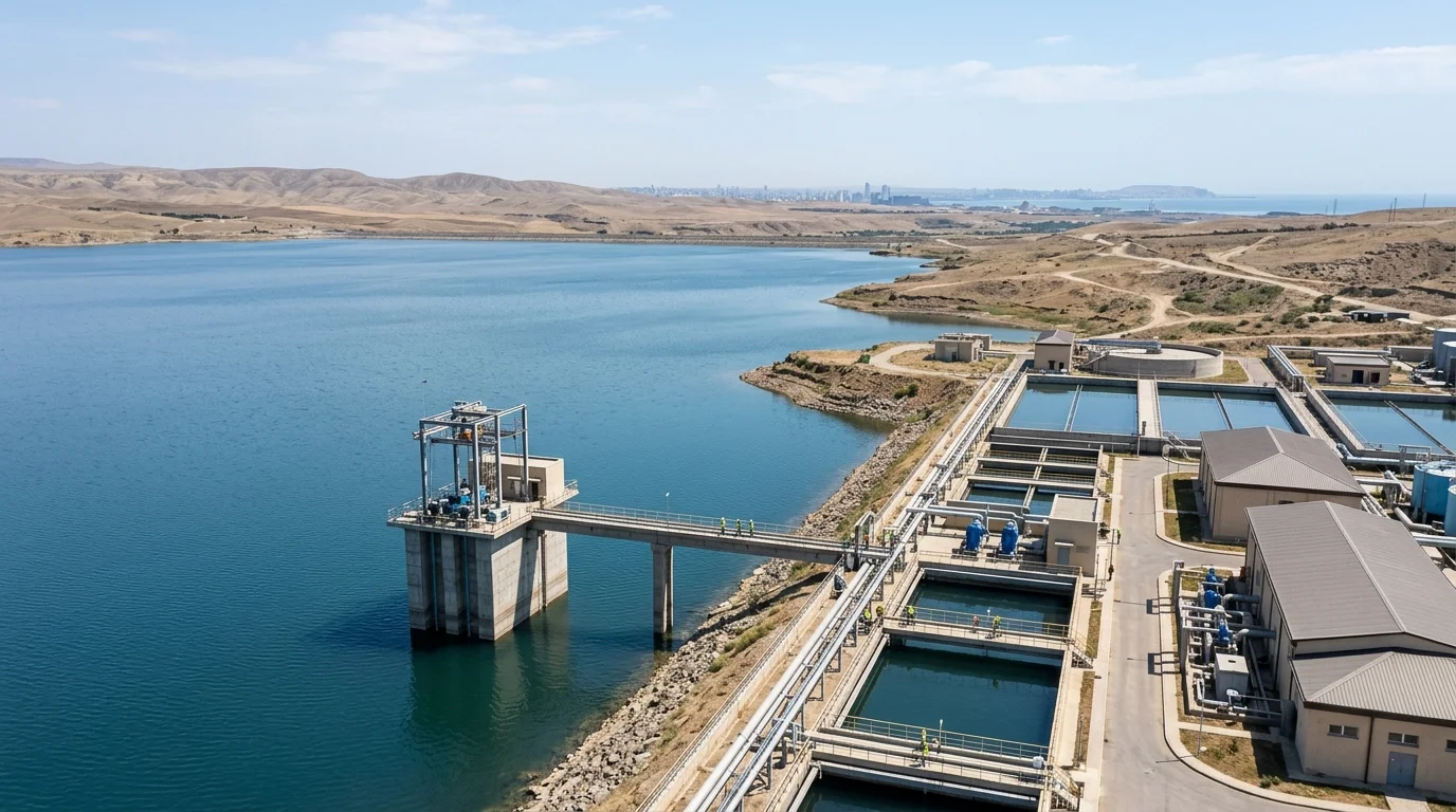 Wide perspective of the Jeyranbatan freshwater reservoir and modern water filtration plant beneath arid hills.
