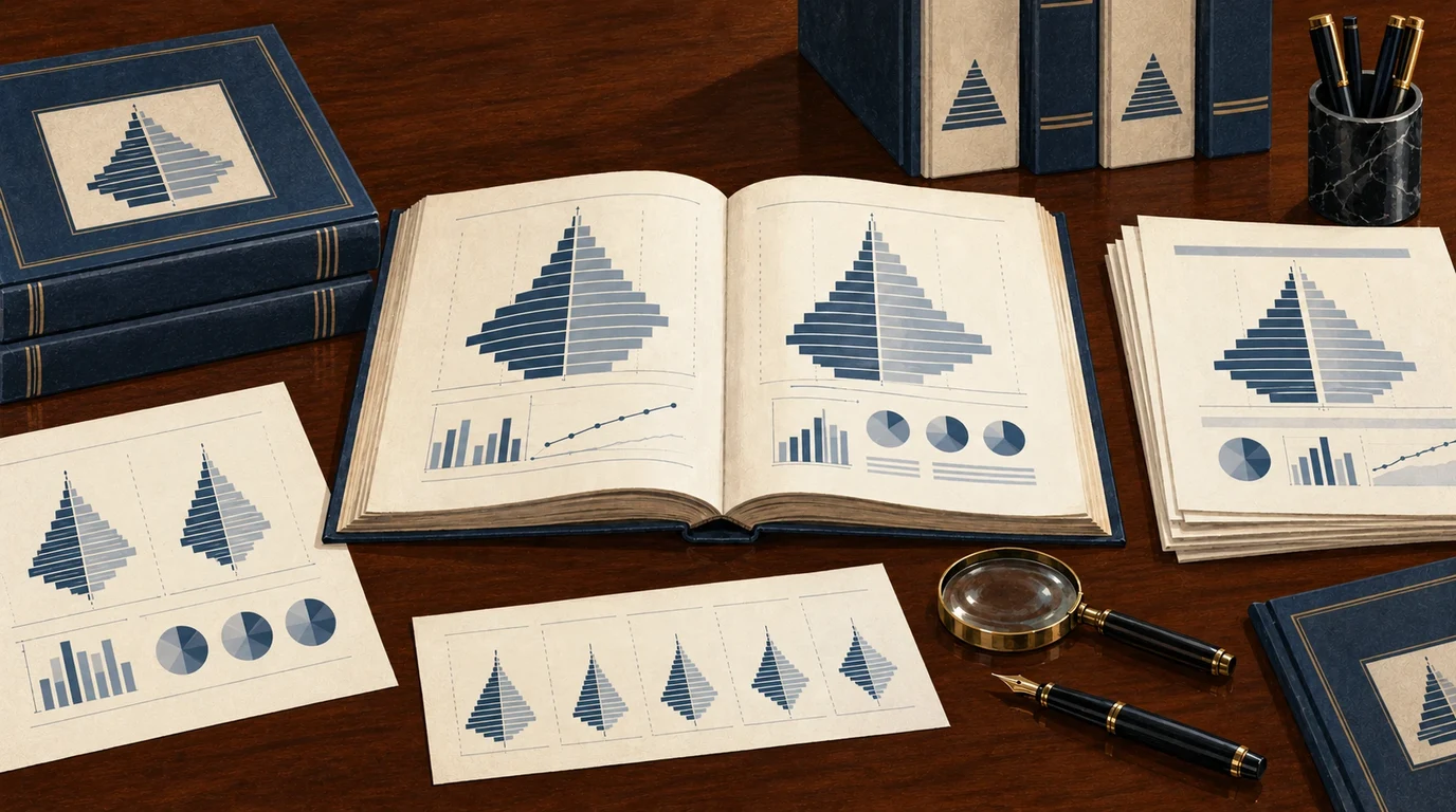 Printed statistical census tables, demographic charts, and reference books arranged on a research table.