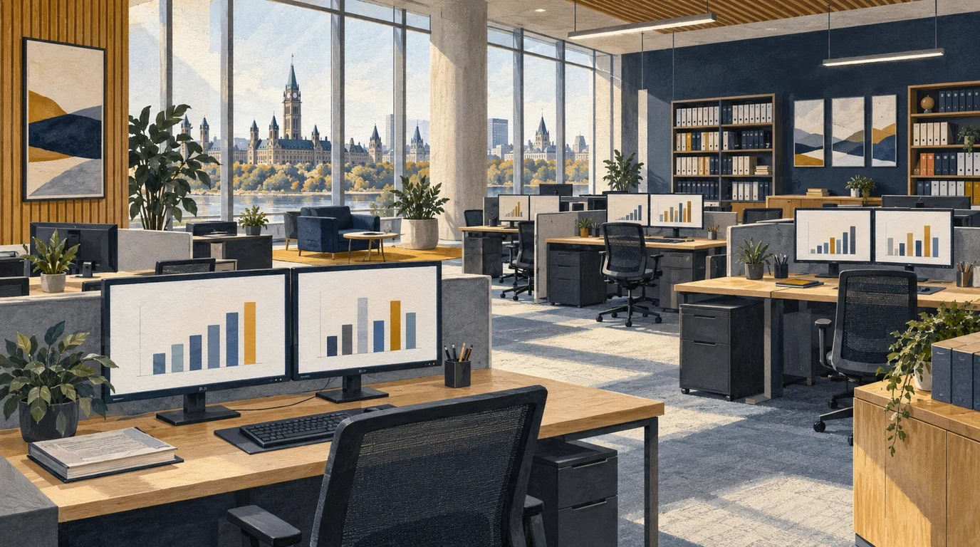 Modern data processing center with workstations, database monitors, and statistical demographic modeling tools.