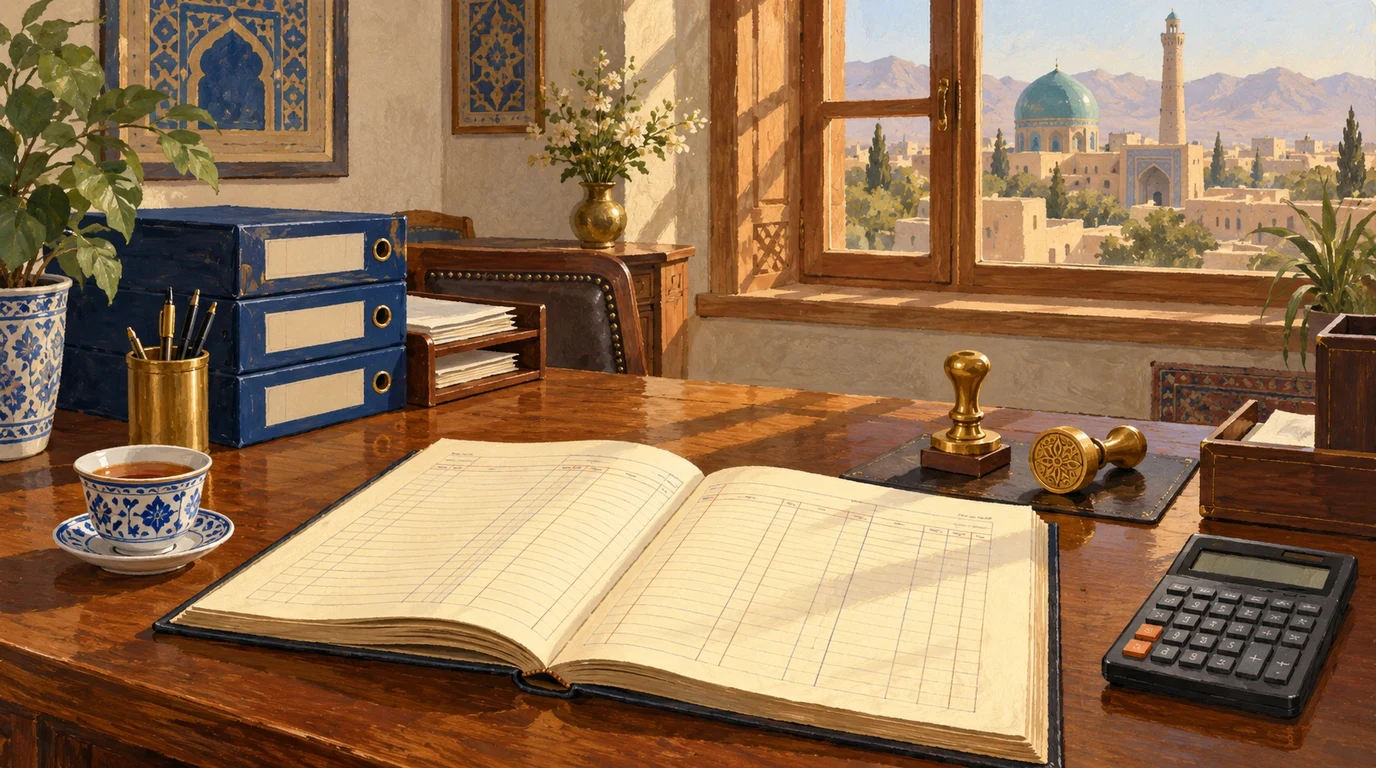 Corporate accounting ledgers, financial audit documentation, and statistical tables arranged on an office desk.