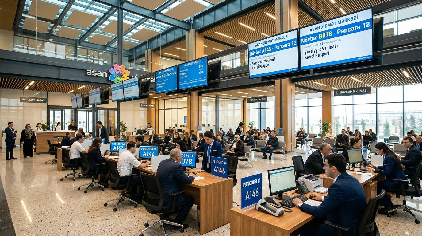 Modern public service center hall in Baku with civil servants assisting citizens beneath digital queue displays in Azerbaijani.