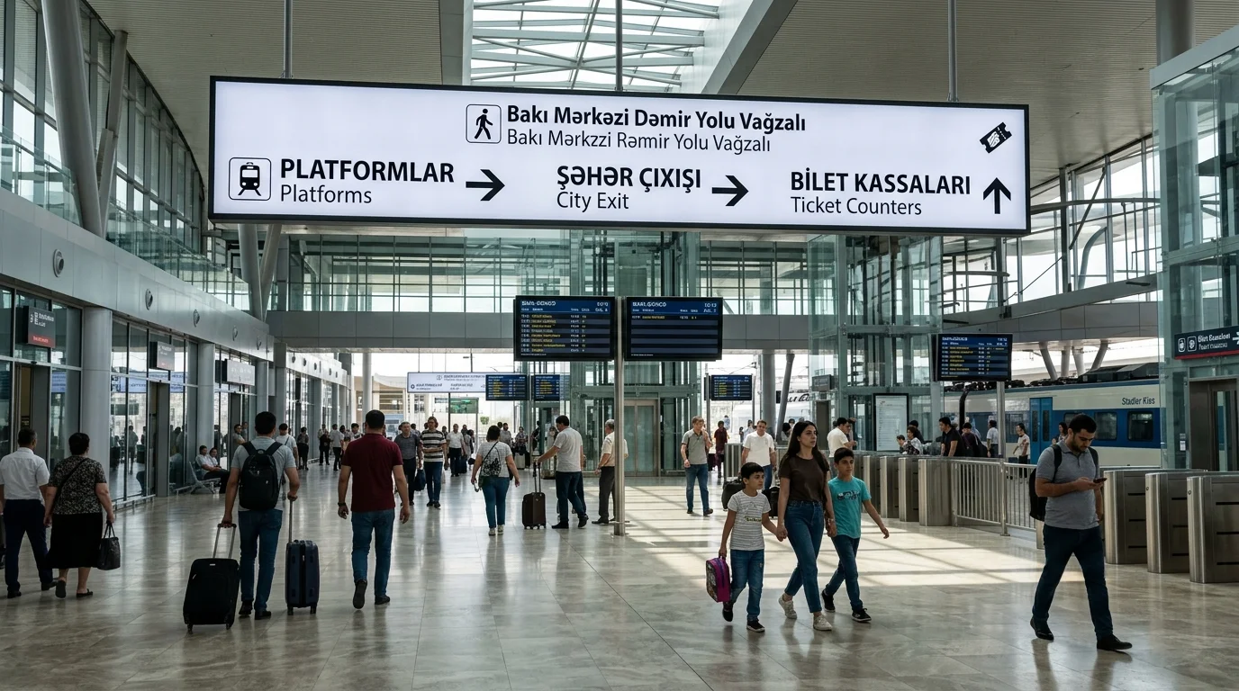 Illuminated bilingual transit signs above passengers walking through the central concourse of Baku Railway Station.