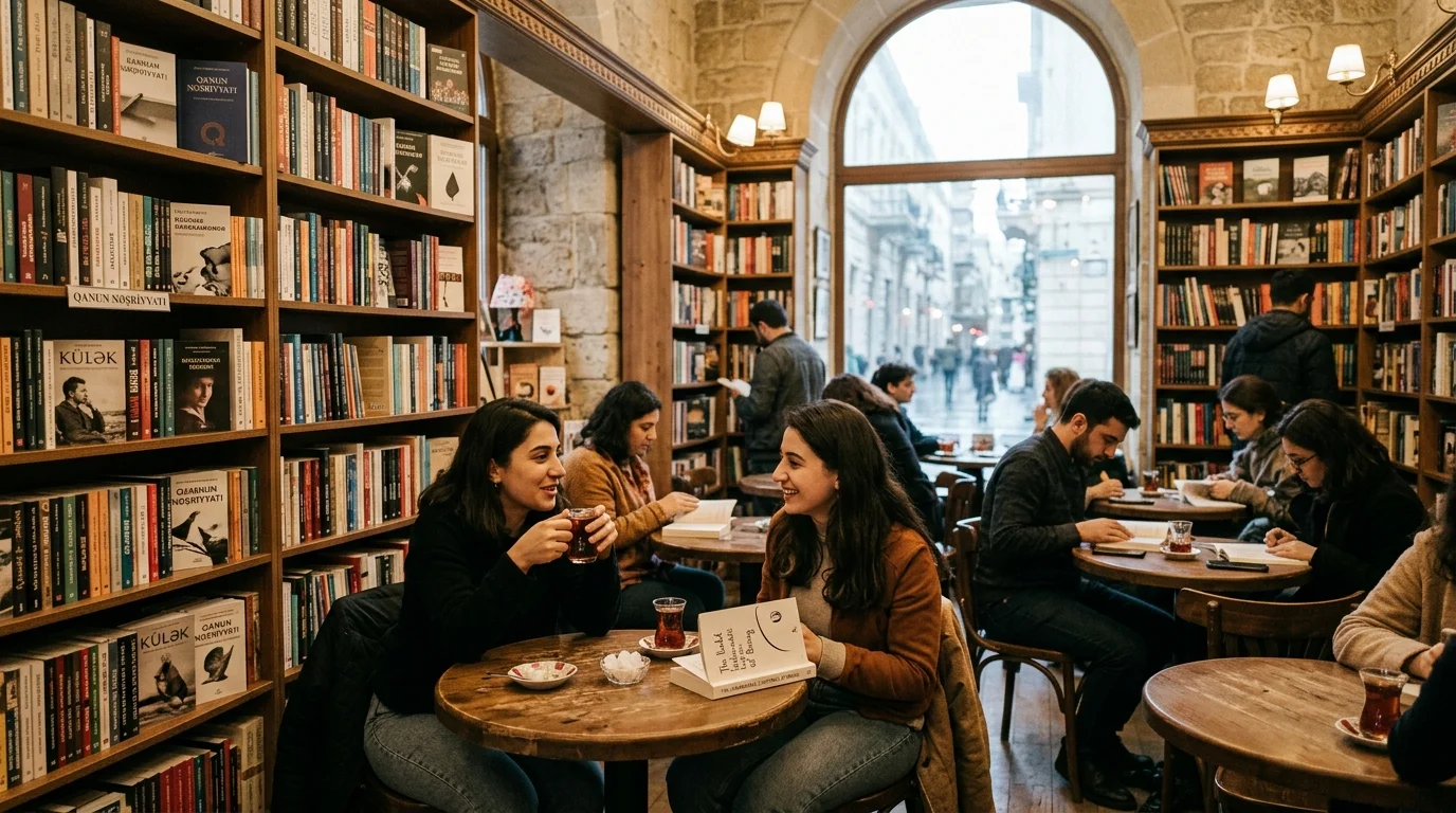 Visitors conversing and reading at wooden café tables surrounded by tall bookshelves in an independent Baku bookstore.