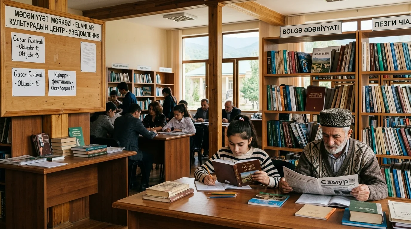 A peaceful municipal library room with bookshelves, readers, and community notices in regional languages of northern Azerbaijan.