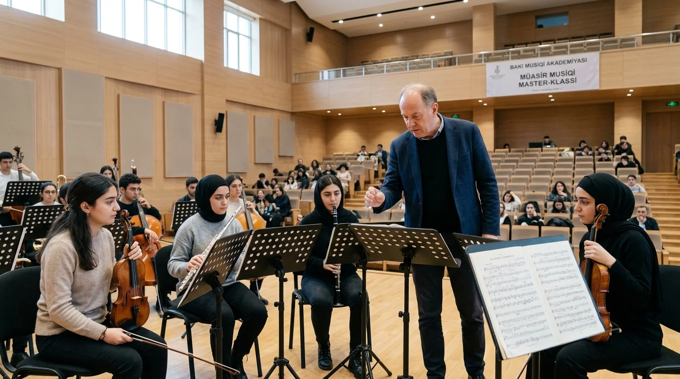 Conservatory musicians with instruments and music stands participating in a contemporary score masterclass.