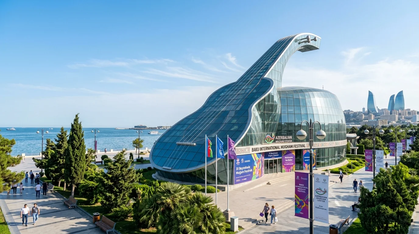 Modern glass building of the International Mugham Center in Baku along the Caspian seaside boulevard.