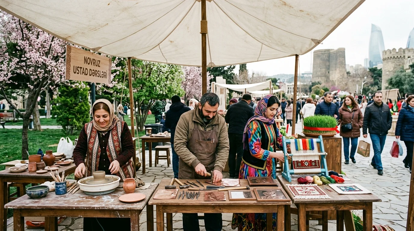 Park workshop pavilion equipped with traditional craft tools, pottery, and looms for Novruz educational sessions.