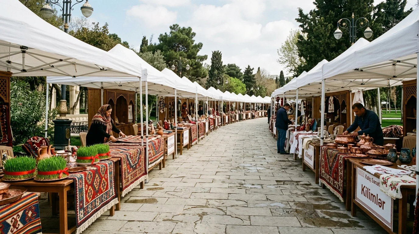 Open-air rows of white festival tents and craft tables along a paved park promenade in Baku.