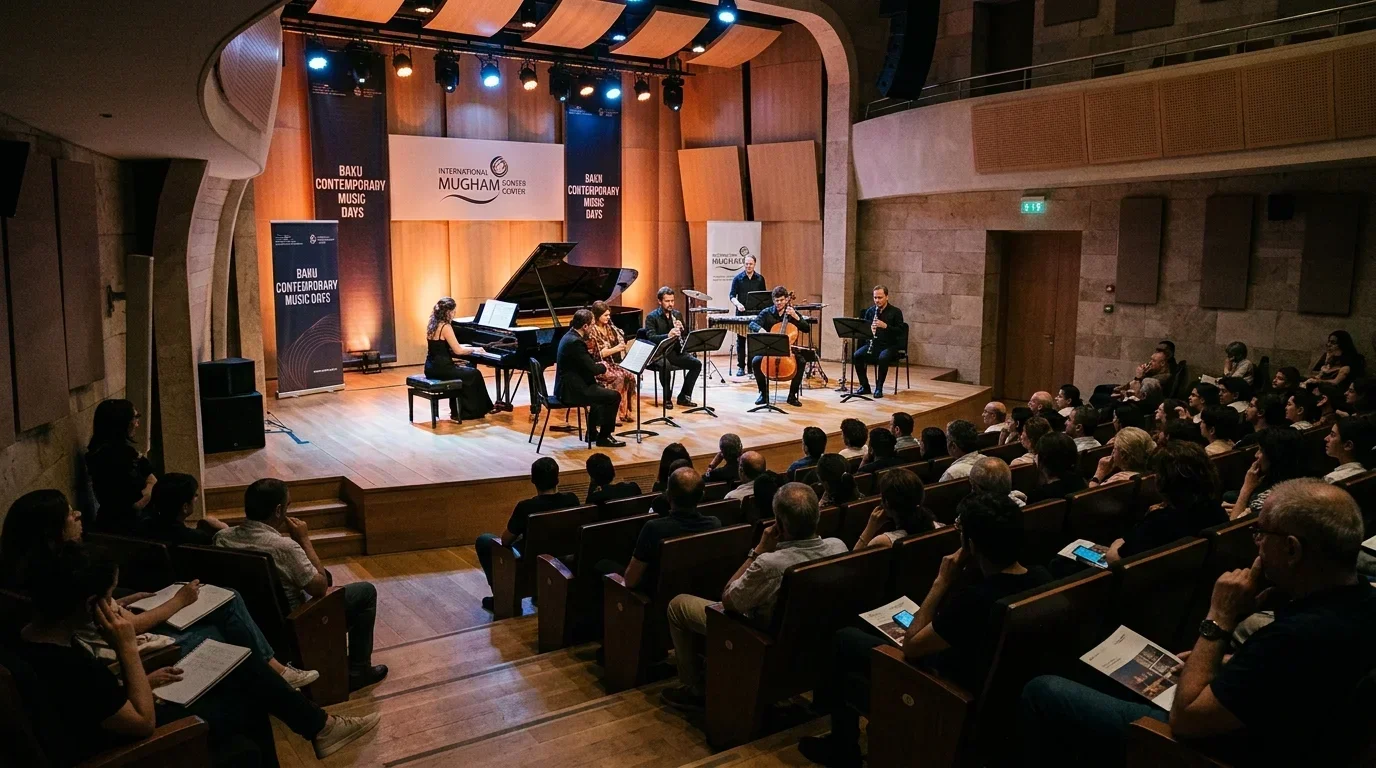 A formal concert hall with ornate architectural detailing, orchestral musicians on stage, and a full audience.
