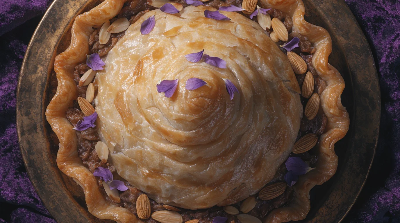 A round golden-brown pastry pie with crispy flaky layers displayed on a traditional serving platter.