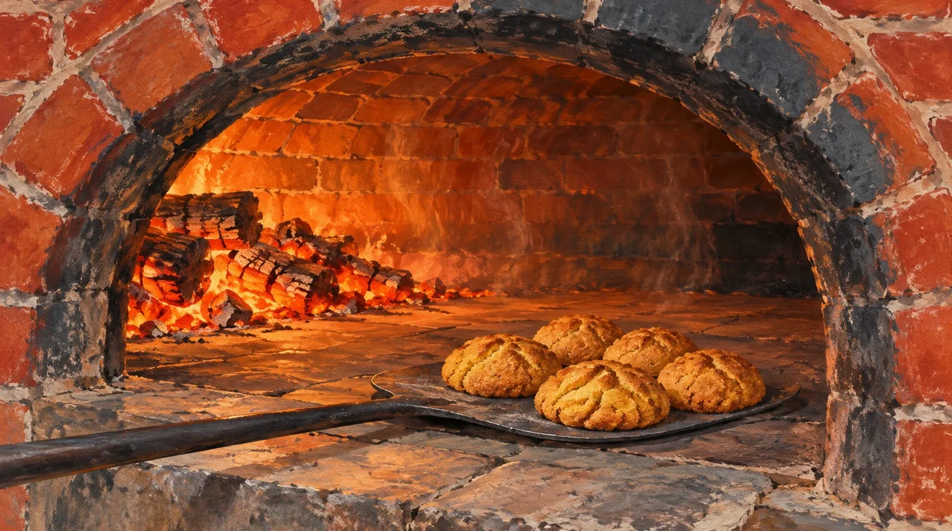 Flames and glowing hardwood embers heating the interior of a traditional masonry baking oven.