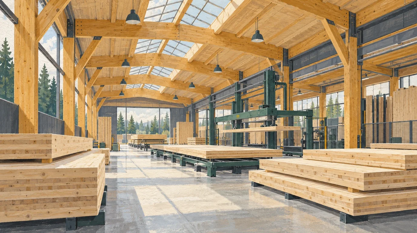 Industrial timber processing workshop with stacked kiln-dried lumber and automated sawing equipment.