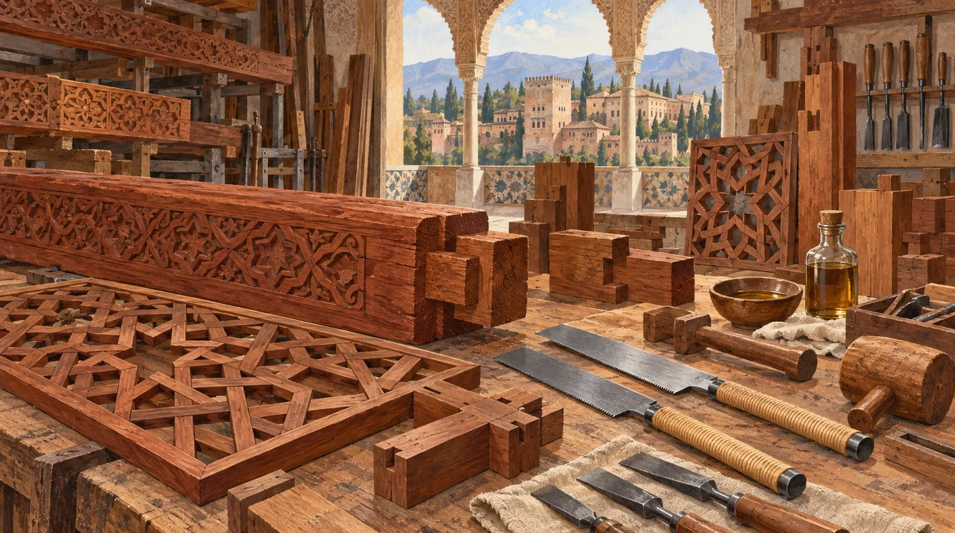 A woodworking workbench equipped with hand planes, chisels, sanders, and natural wood conditioning oils.
