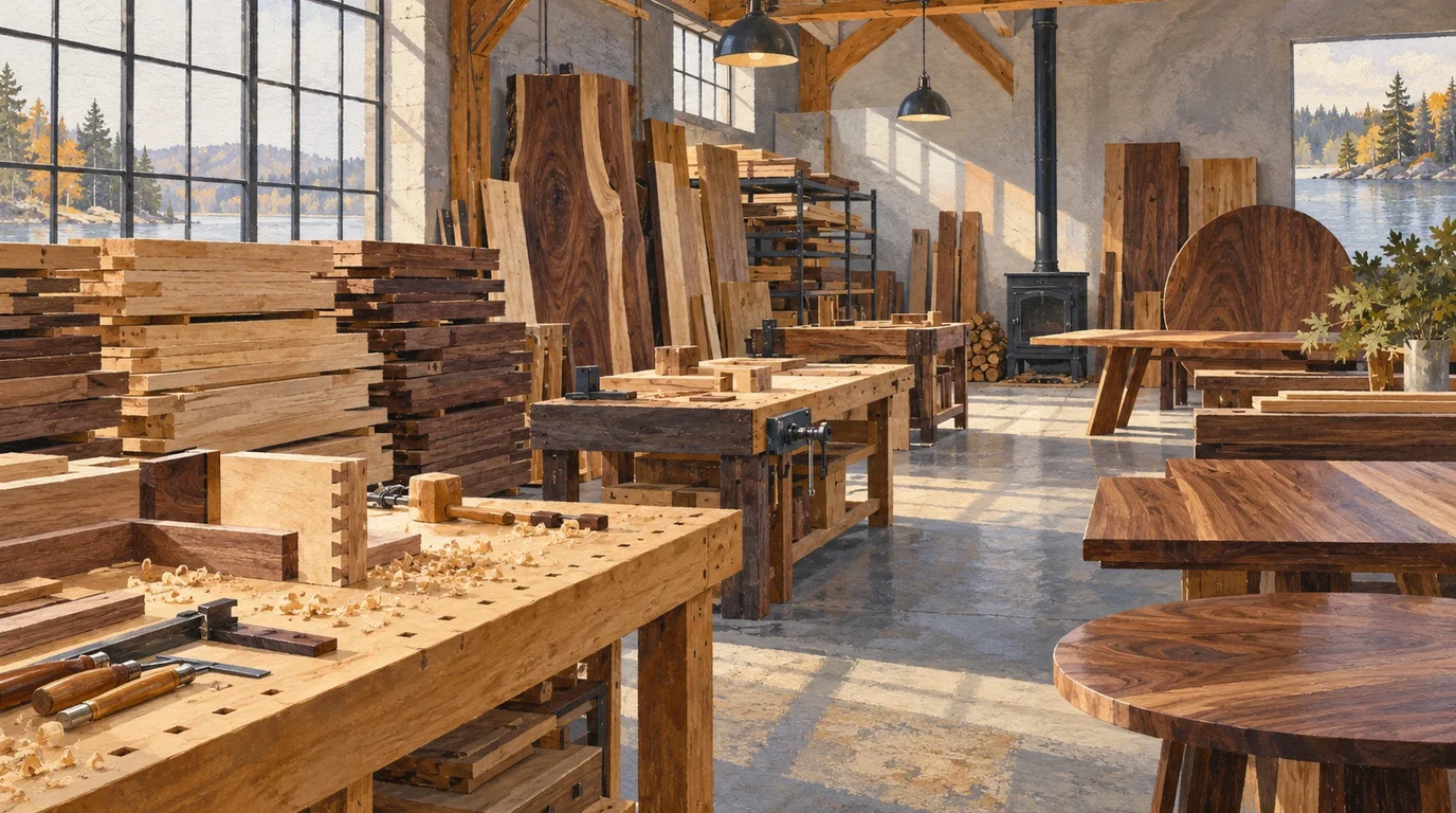 Modern design showroom displaying a minimalist solid wood dining table and curved wooden chairs.