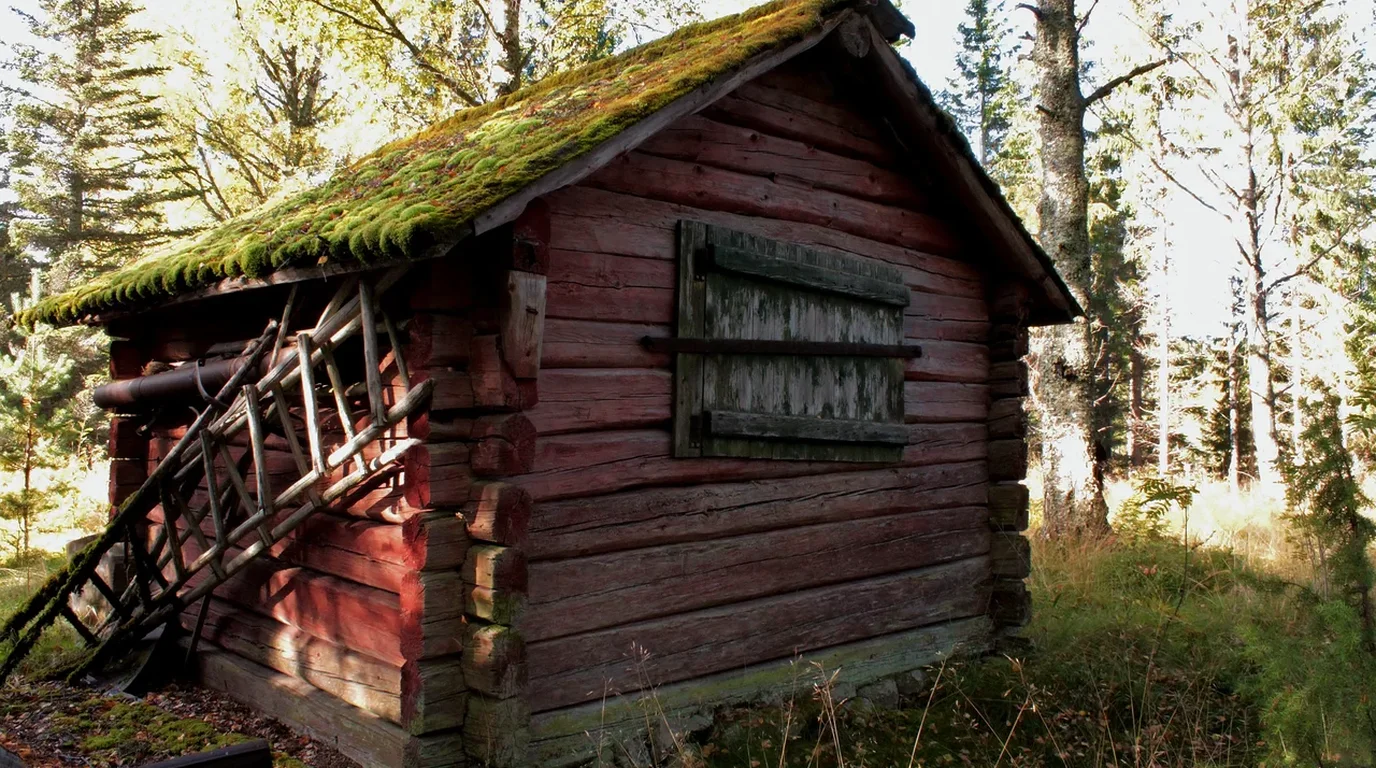 A peaceful rural alpine pasture with traditional wooden farm structures and green summer grasslands.
