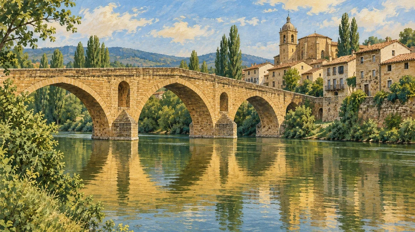 Close-up view of a towering historic limestone arch bridge rising dramatically above a turquoise river.