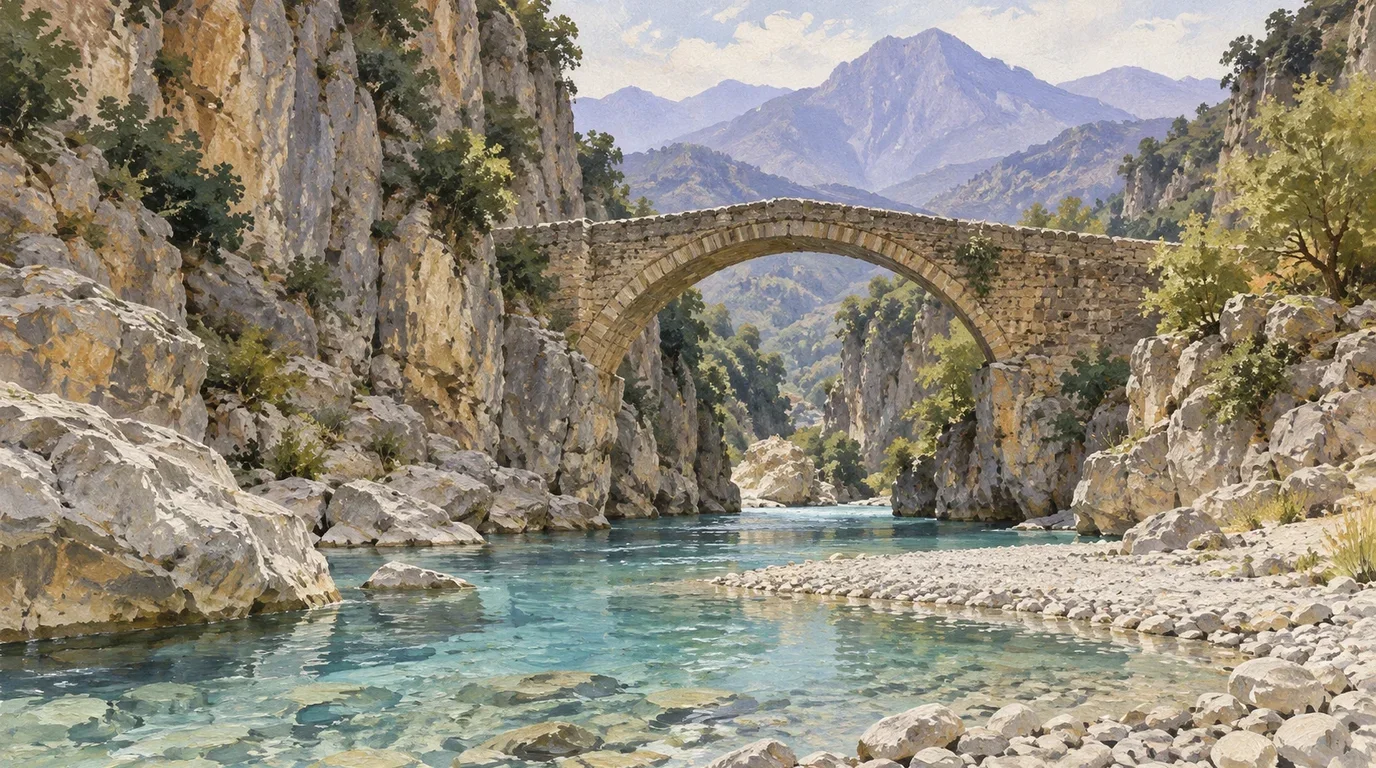 Emerald river winding through a sheer limestone canyon gorge surrounded by lush vegetation and rocky bluffs.