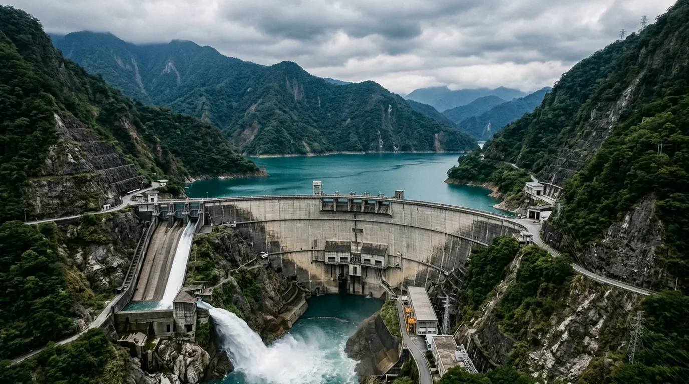A massive concrete dam structure spanning a deep river canyon with water discharge spillways and turbine intake towers.