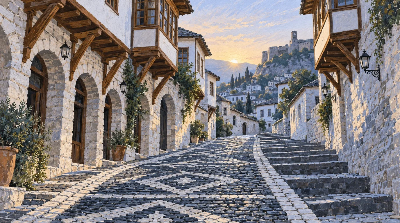 A narrow historic pedestrian bazaar paved with smooth rounded river stones and flanked by rustic stone artisan shops.
