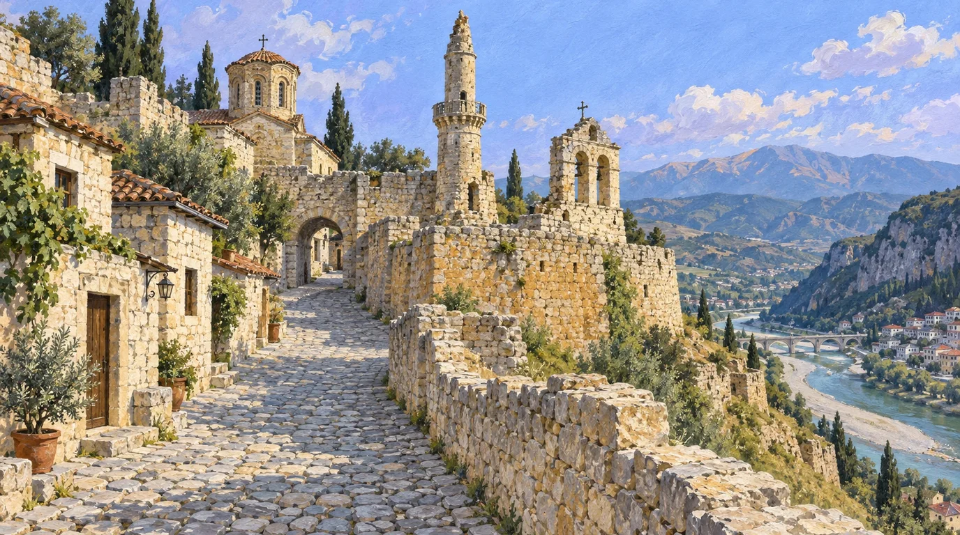 Heavy medieval stone masonry fortifications and defensive watchtowers rising above a river valley settlement.
