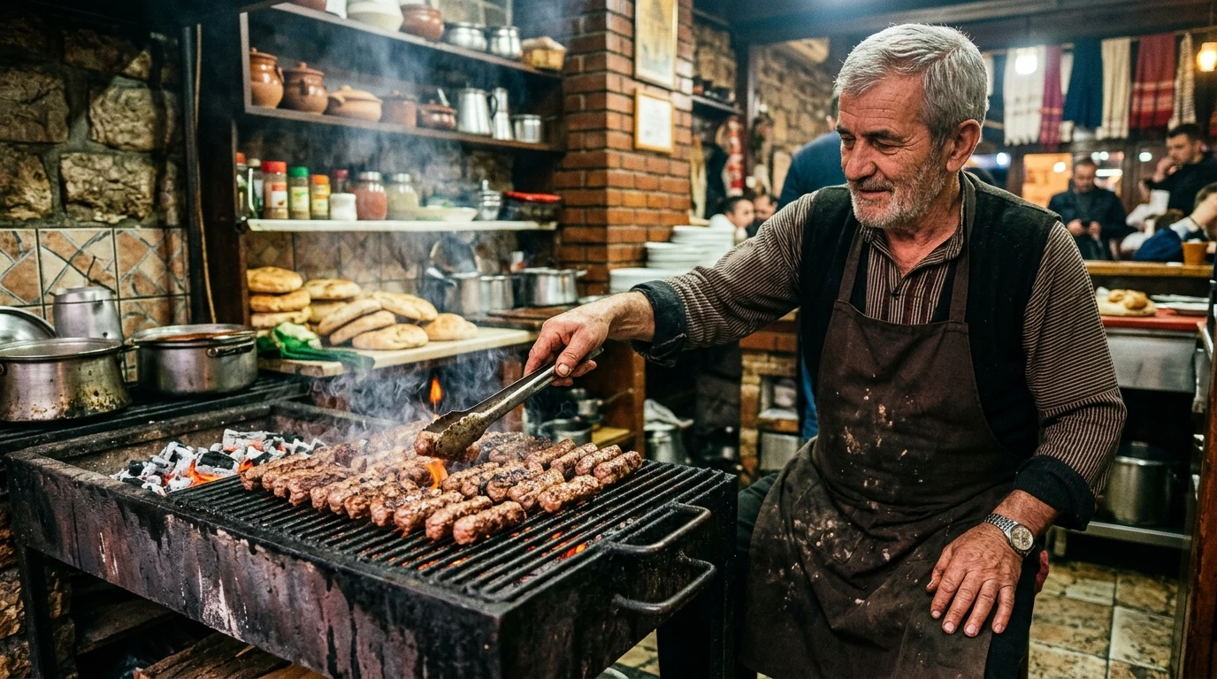 Grill chef turning seasoned ćevapi sausages over an open charcoal grill in a traditional Sarajevo eatery.